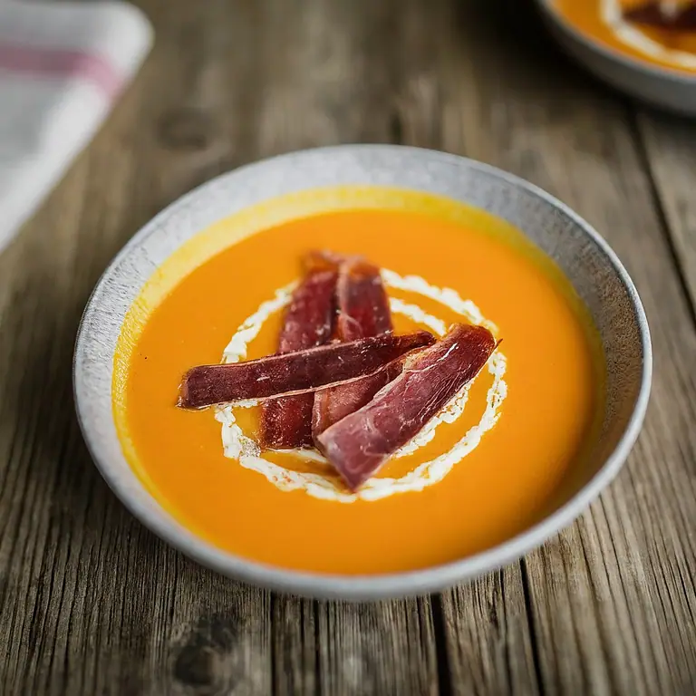 Creamy Carrot and Bell Pepper Soup with Crispy Pastrami
