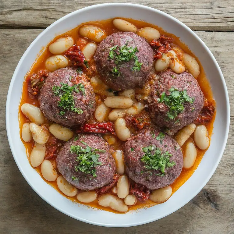 Steamed Meatballs with White Beans and Sun-Dried Tomatoes
