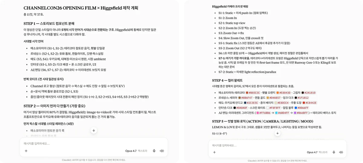 스토리보드를 바탕으로 쓴 오프닝 필름 제작 계획 문서