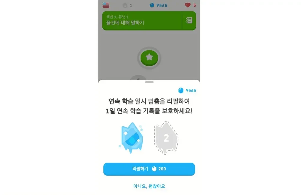 듀오링고 연속 학습 일시 멈춤
