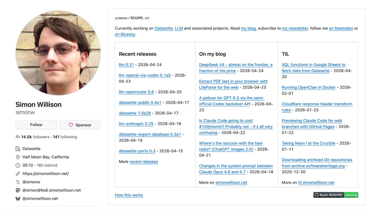 Simon Willison의 GitHub, 호딩의 사례. 이미지 출처: Simon Willison의 github