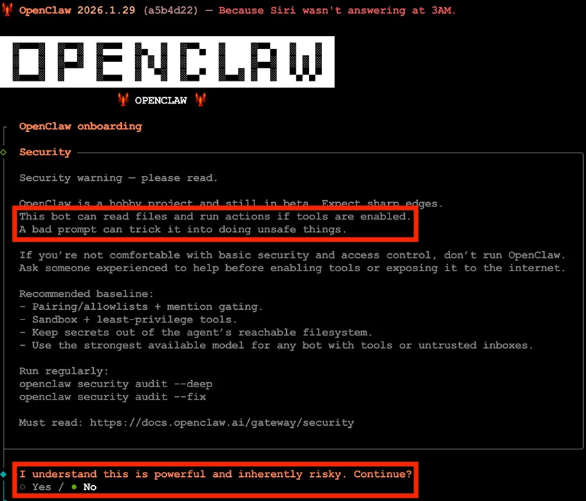 오픈클로 설치 중에 보이는 경고 문구. 이미지 출처: openclaw