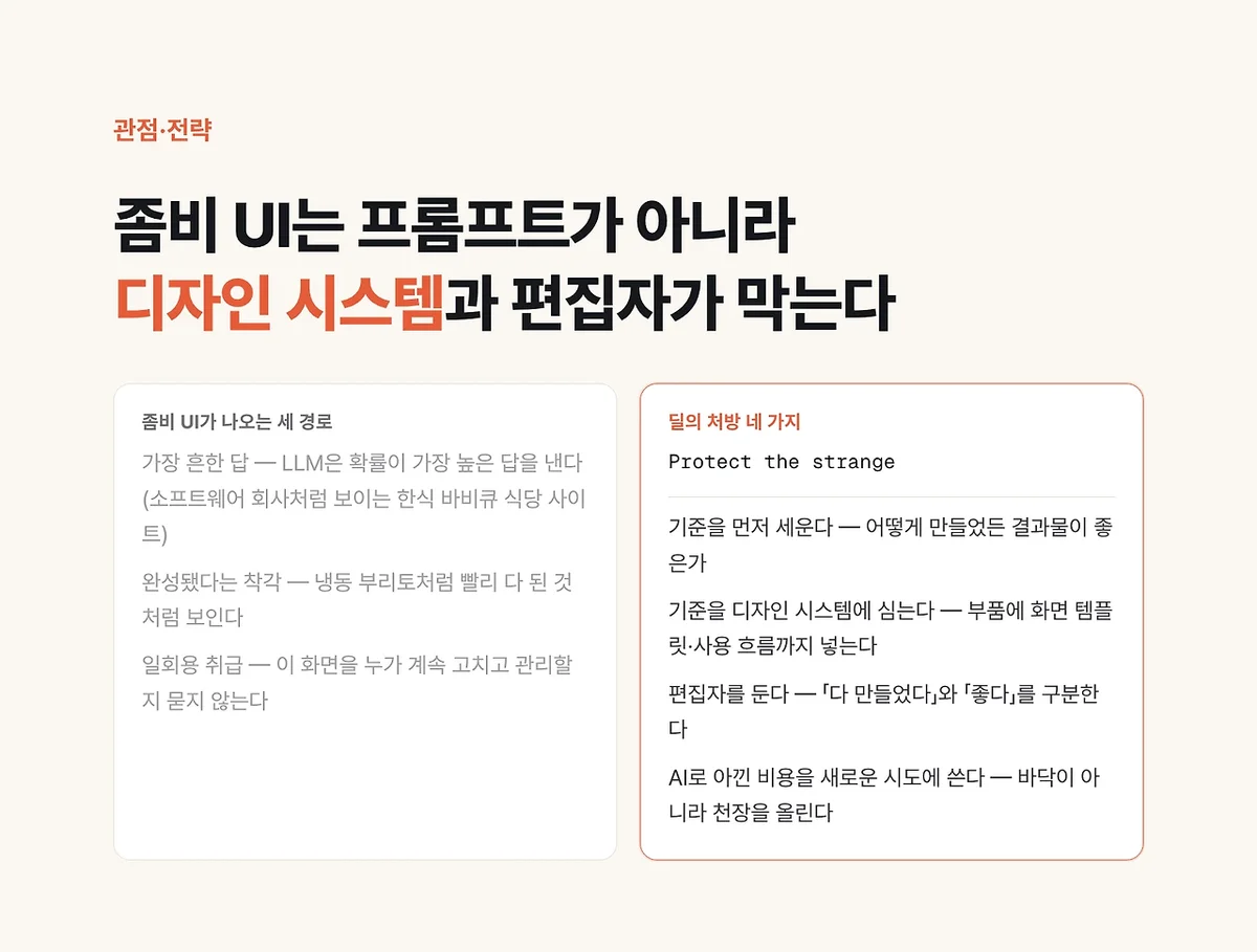 좀비 UI는 프롬프트가 아니라 디자인 시스템과 편집자가 막는다