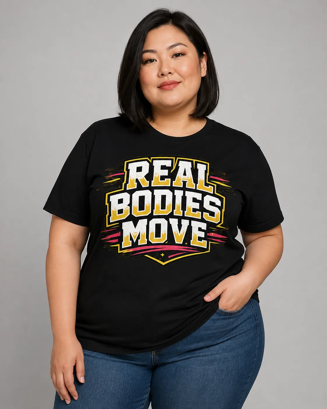 Real Bodies Move T-shirt design, gold colourway