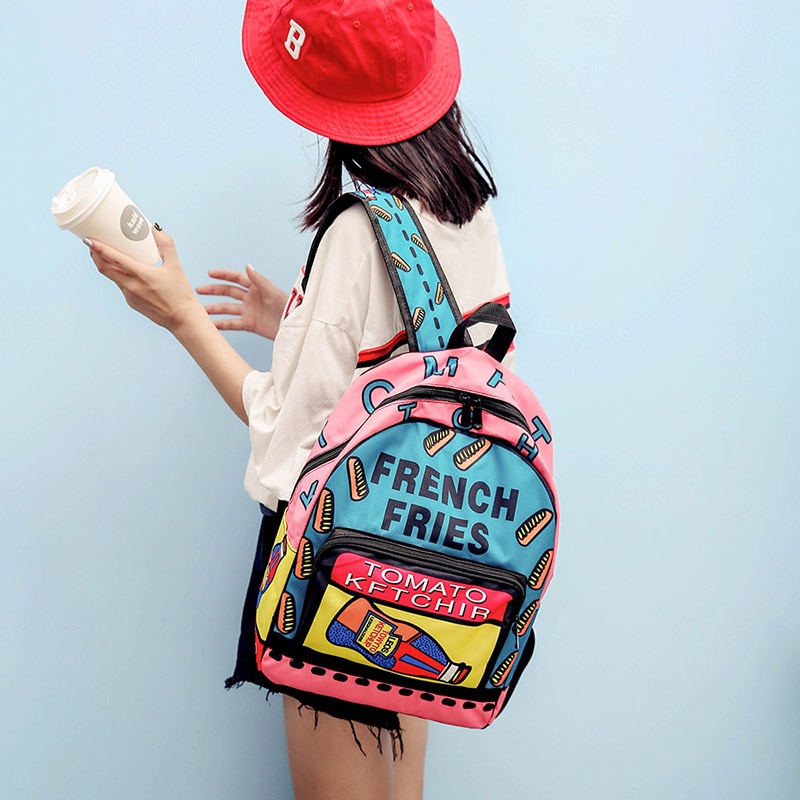 KoreaulzzangPersonalitywomenbagGraffitiBackpackFemaleSchoolBagsCanvasHarajukuBackpackforgirlstravelbagmochila