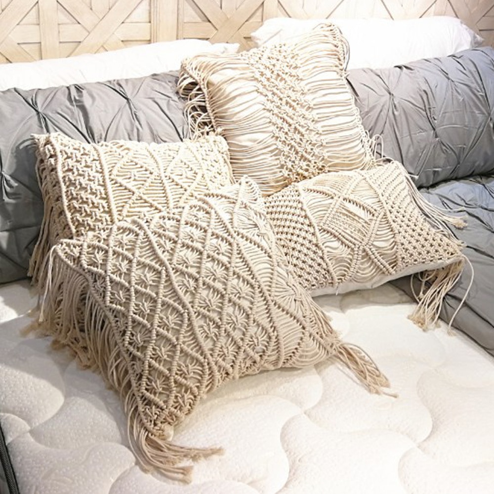 4545cm100CottonLinenMacrameHandwovenCottonThreadPillowCoversGeometryBohemiaCushionCoversHomeDecor