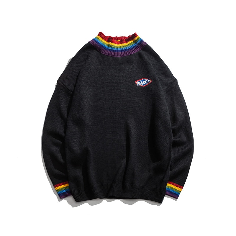 DARKICONRainbowCollarPulloverMensSweater2019WinterLooseStyleSweaterforMenHighStreetSweatersBlackWhite
