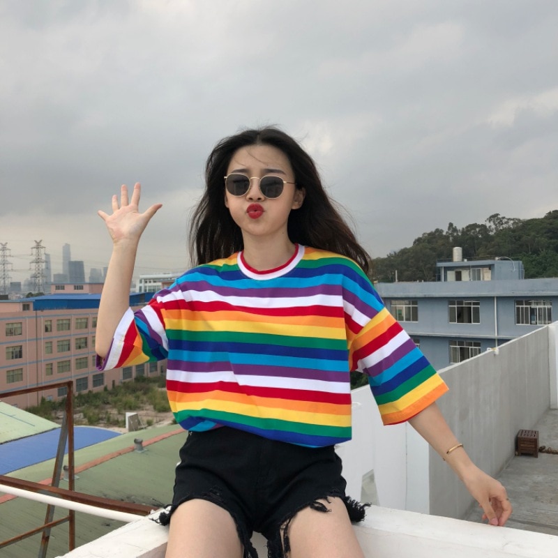 NewTShirtWomenRainbowStripedTopsHarajukuTshirt2019SummerShortSleeveKoreanPunkTshirtcamisetafeminina