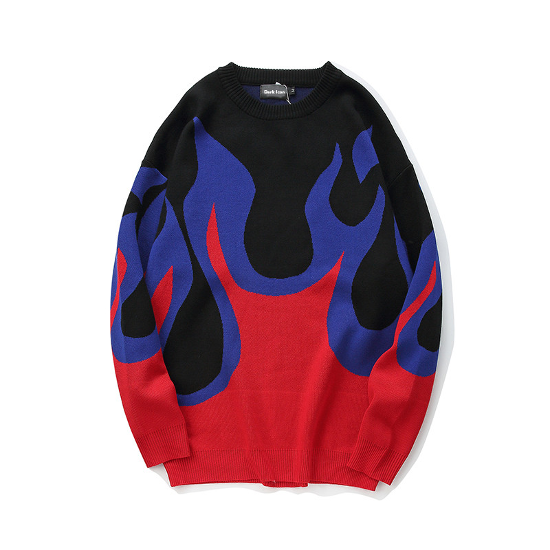 DARKICONFlameSweaterMen2019WinterPulloverLooseStyleMensSweatersHipHopSweaterStreetwearClothing