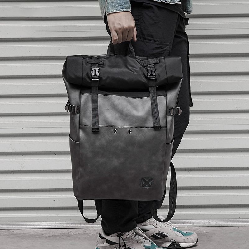 남자배낭PVC학교배낭가방패션방수여행가방캐주얼가죽책가방남성회색하라주쿠가방지갑