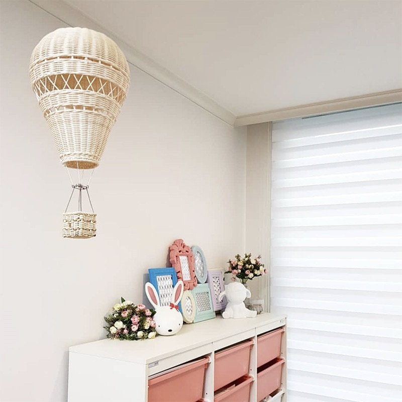 HandmadeKidsRoomDecorationNordicStyleChildrenBedroomKindergartenRattanWeavenHotAirBalloonCraftWallHangingDecor