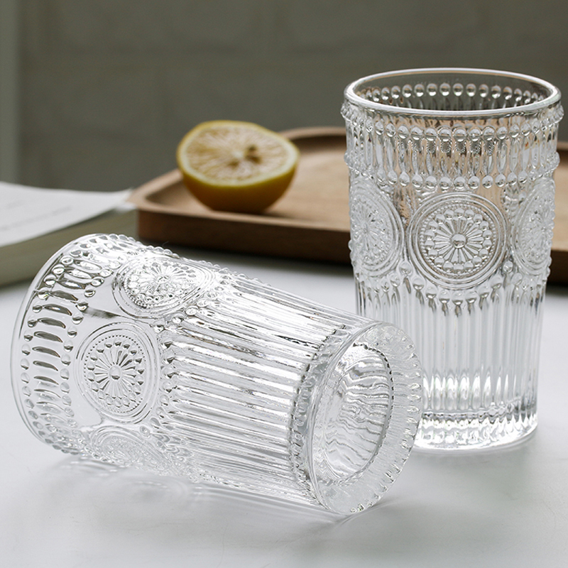 AntiqueClassCupClearEmbossedWaterGlassSunflowerJuiceWineMilkDrinkingGlassesLargeGlassCoffeeMugGiftDrinkware