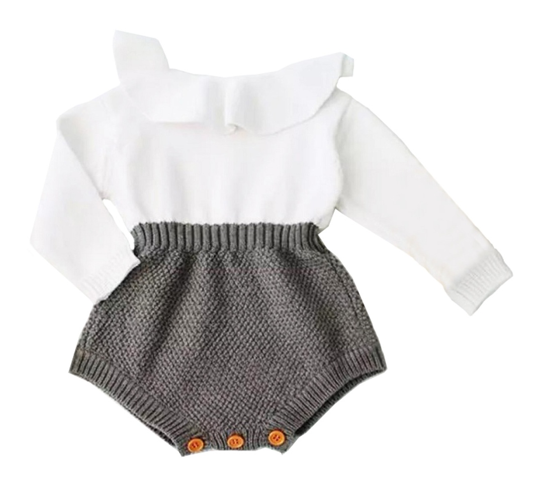 CuteNewbornBabyGirlsWoolKnittingPatchworkTopsLongSleeveRuffleRomperShortsWarmOutfitsClothes