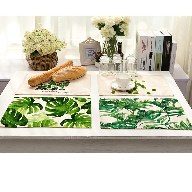 CottonLinenGreenLeafPrintedTableDishwarePlaceMatsForDinnerKitchenAccessoriesCupWinemat