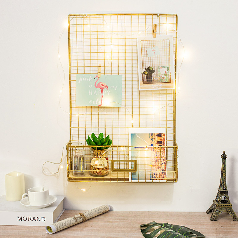 GoldWallHangingStorageRackNordicDIYIronMeshGridsMultifunctionPhotosDisplayCreativeHomeDecorativeShelfHolders