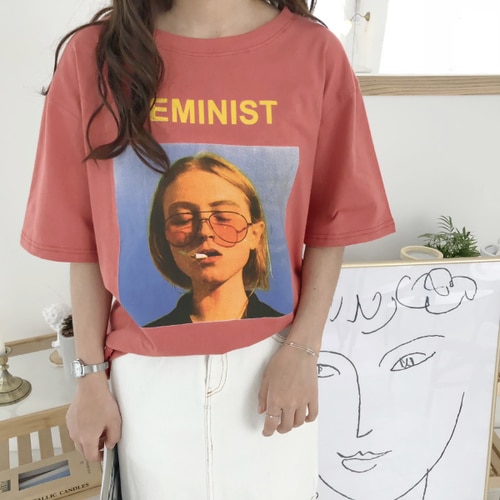 Vintagecharacterprintedcasualloosebasicstreetshortsleevenewfashion2018femalespringtshirts