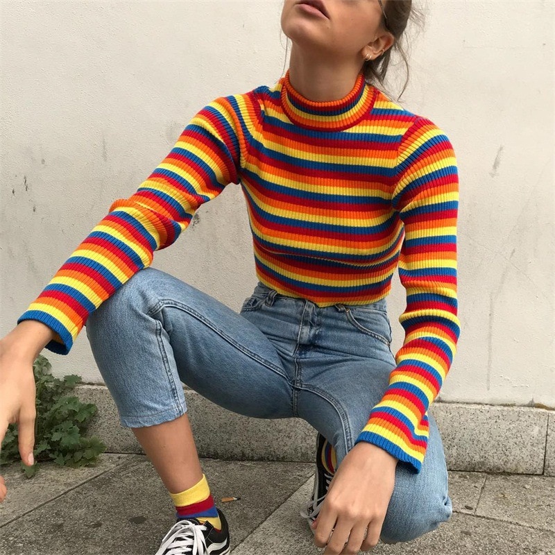 turtleneckfashionrainbowsweatersknittedpulloverswomen2018newwintersweaterloosepulloverjumpersfemale