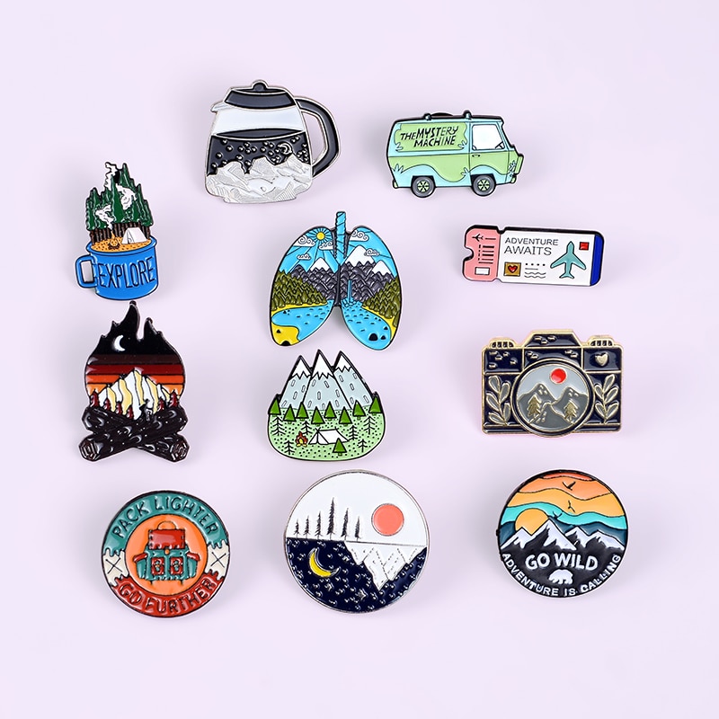 GoTravelAdventurePinMountainForestLakesEarthExploreNatureBusEnamelPinButtonBadgeBroochWomenMenOutdoorsyGift