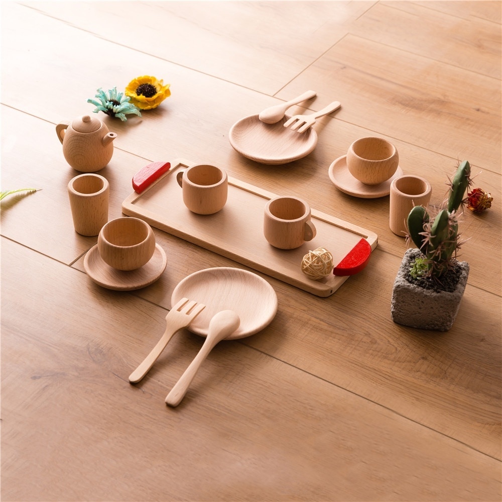 BabyToyWoodenKitchenToysPretendPlayCuttingFruitVegetablesMiniSolidBeechTeaCoffeeCupSetEarlyEducationFoodToys