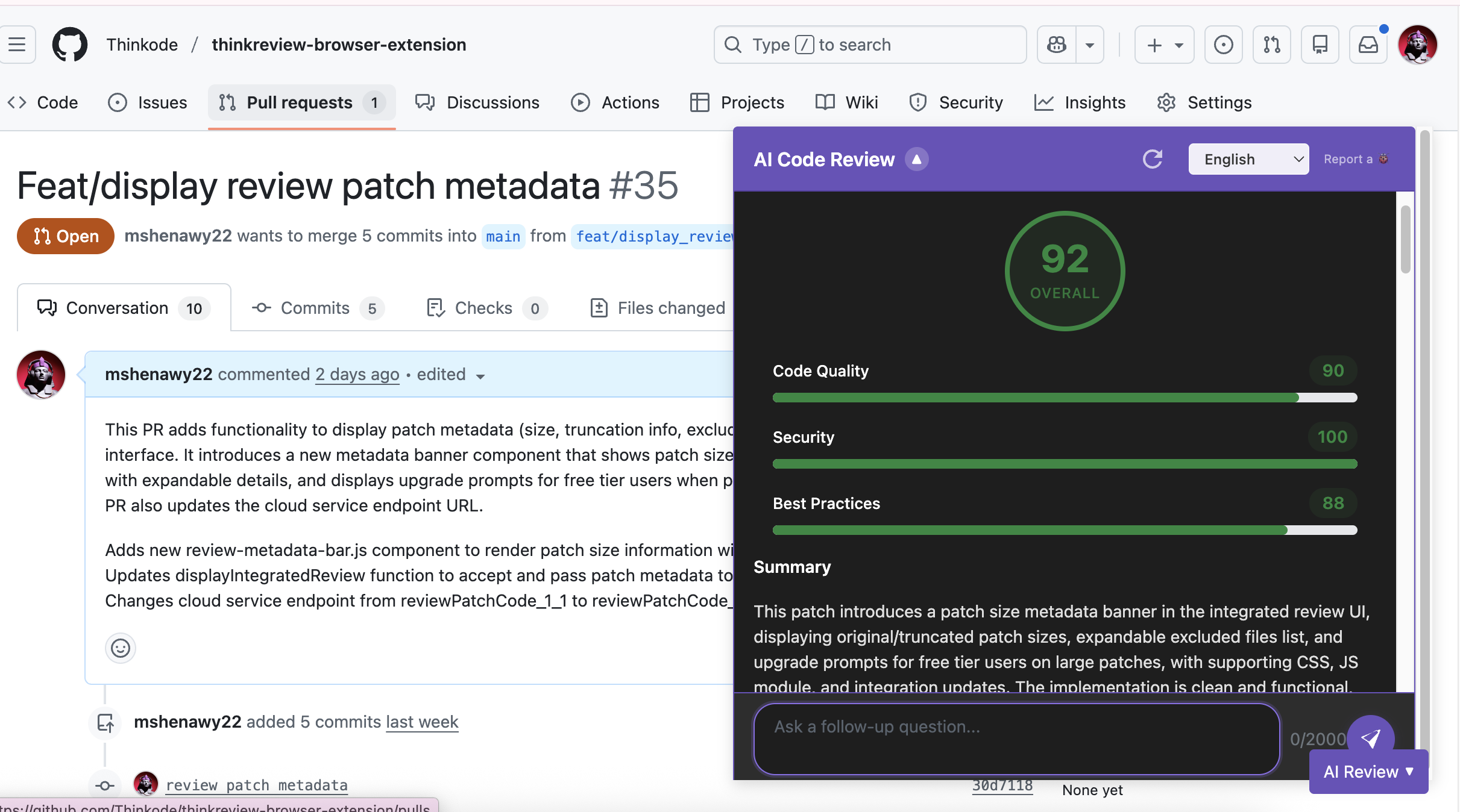 ThinkReview in action on GitHub Pull Requests
