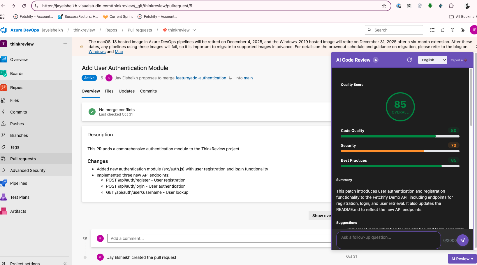 ThinkReview on Visual Studio Azure DevOps