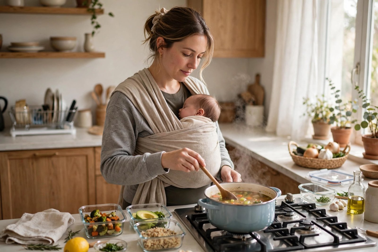 Mom carrying baby and cooking