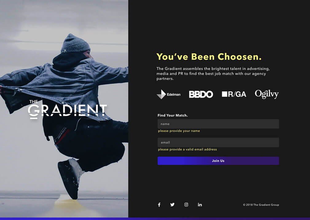 Gradient landing page with sign up form error messages