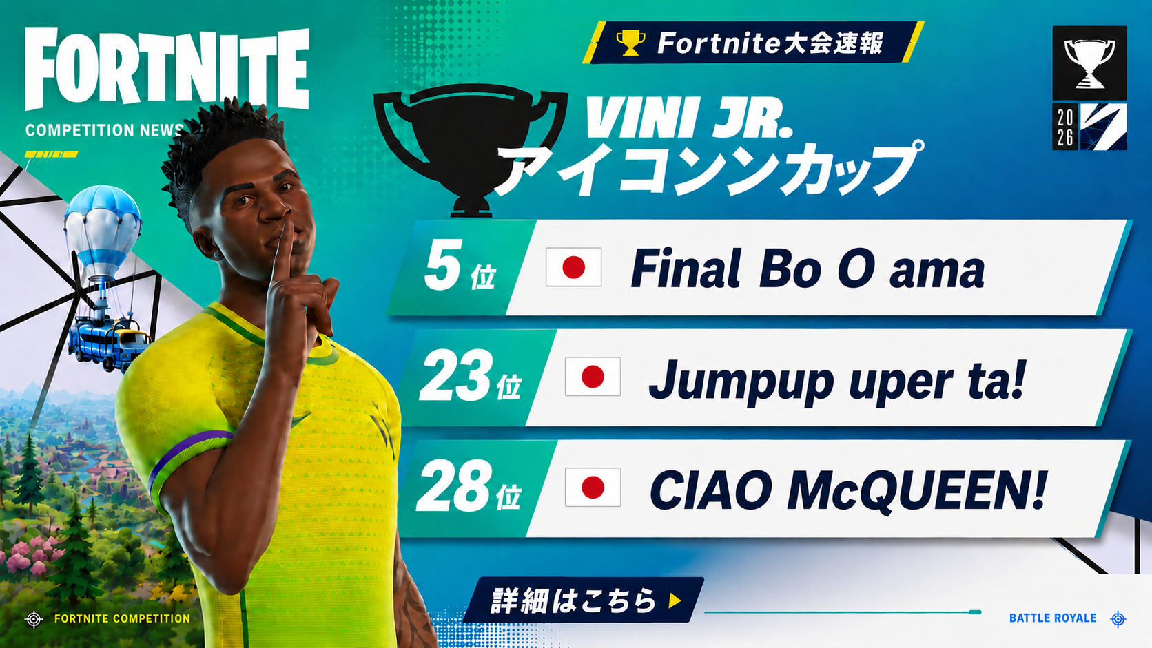 【フォートナイト最新情報】競技イベント速報!Vini Jr. アイコンカップ(スマホ)100位以内の日本人おまとめ