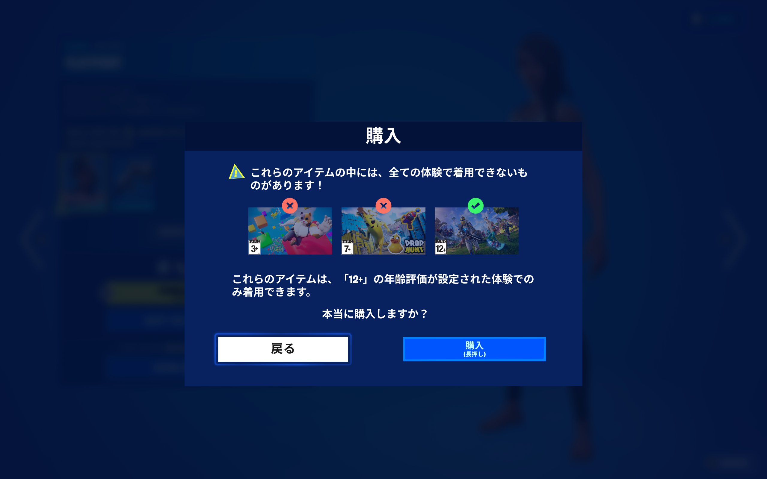 購入時の年齢評価に基づく装備制限警告画面
