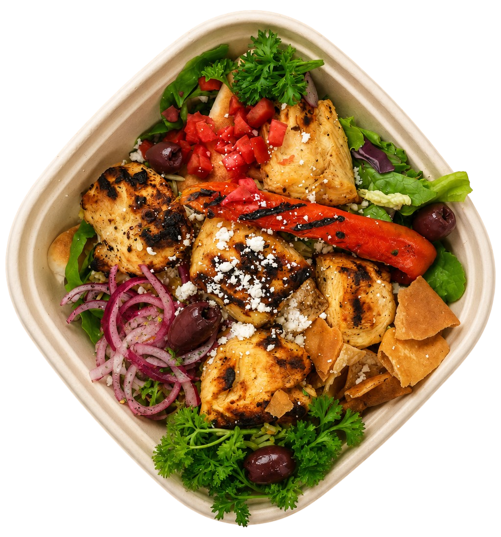 Grilled chicken bowl with roasted peppers, feta, and olives
