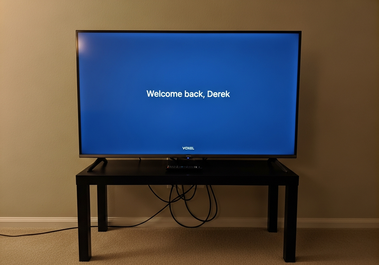 A smart TV mounted on a living-room wall, screen glowing softly in the dim room