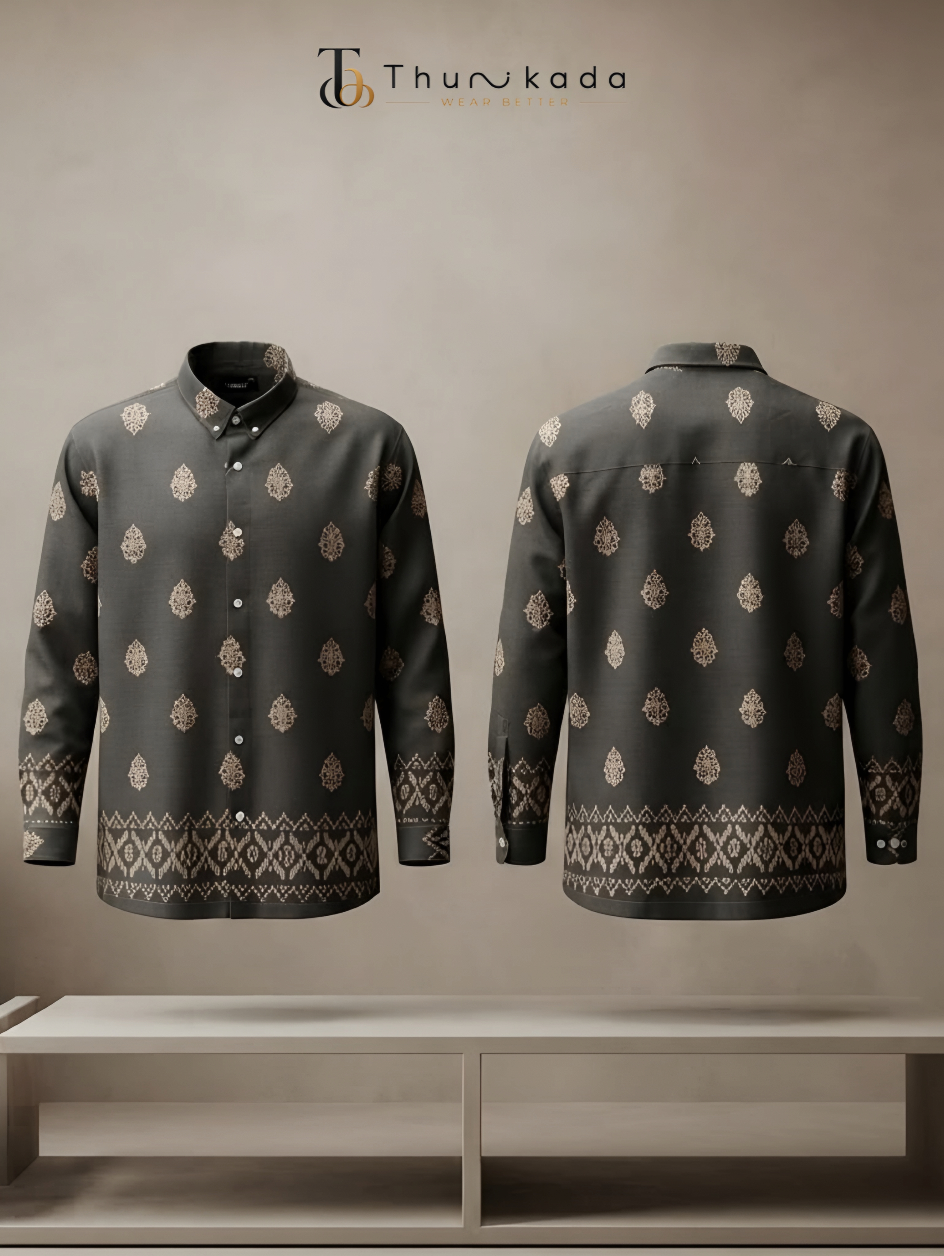 Charcoal Grey Gold Motif Printed Shirt thumbnail 4