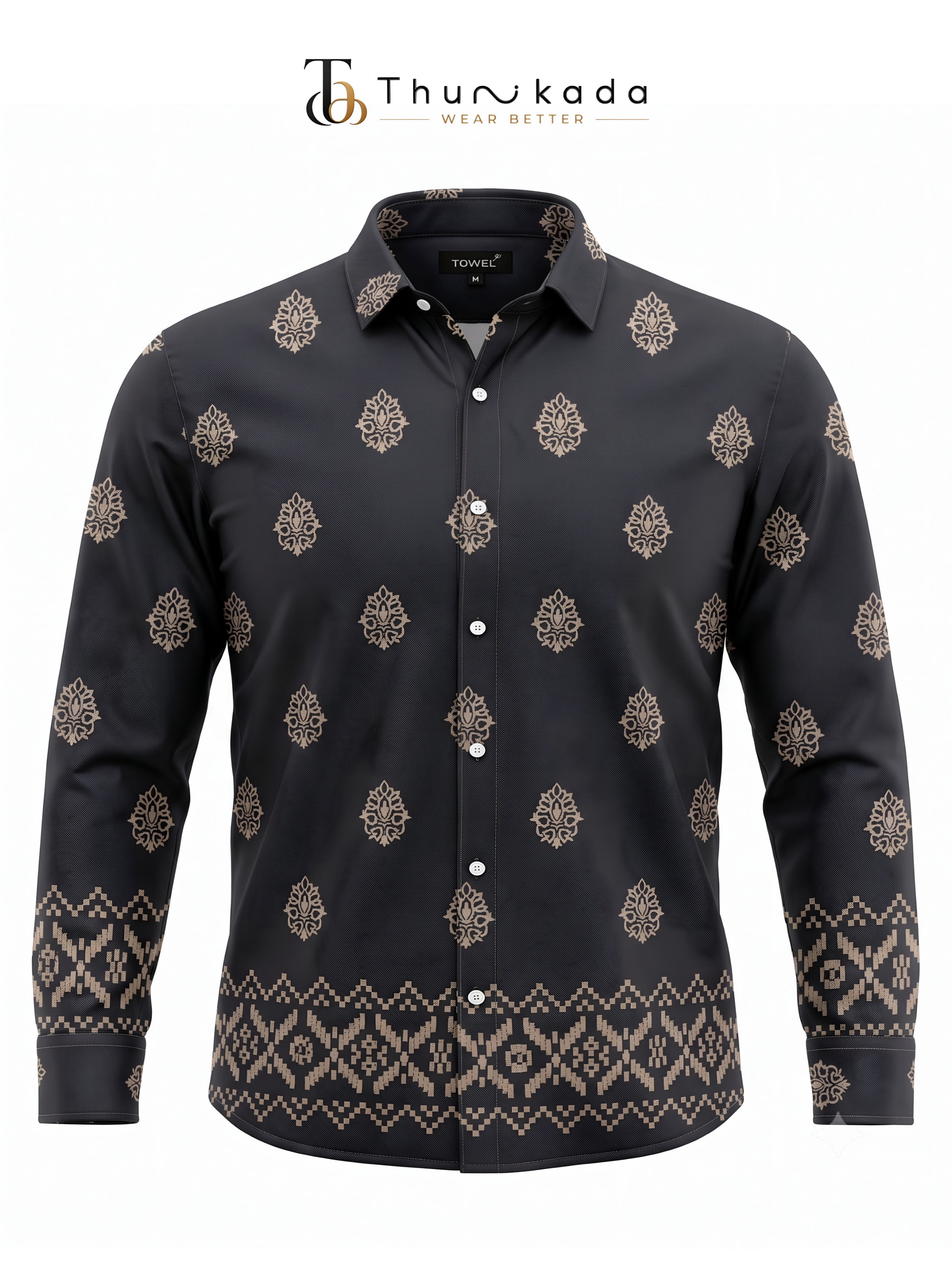 Charcoal Grey Gold Motif Printed Shirt thumbnail 1
