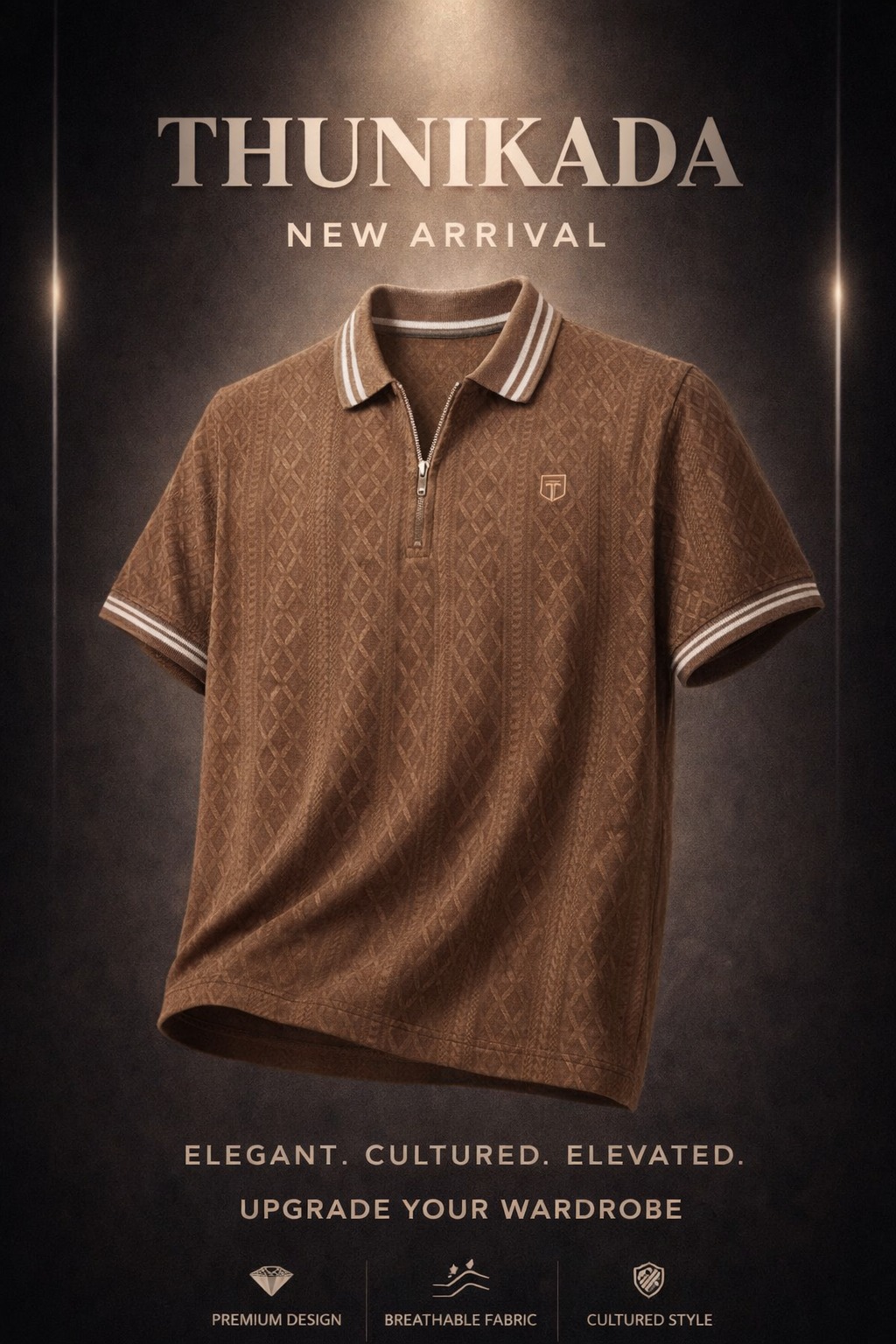 Beige Textured Zipper Polo T Shirt - Brown