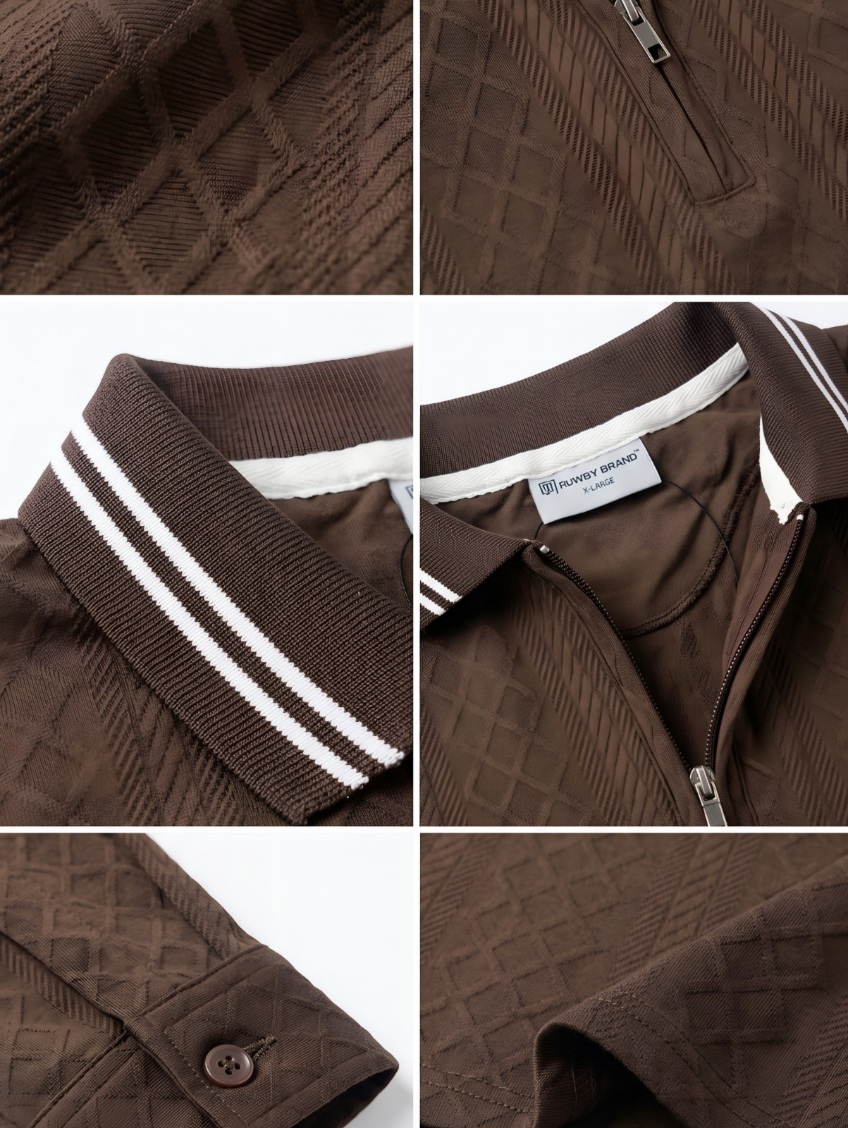 Beige Textured Zipper Polo T Shirt - Brown thumbnail 2