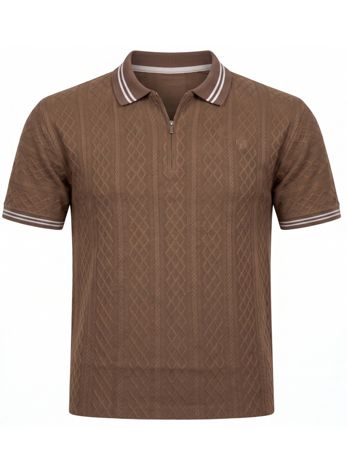 Beige Textured Zipper Polo T Shirt - Brown thumbnail 3