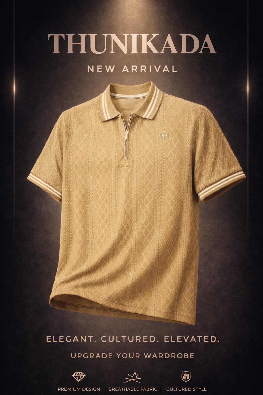 Beige Textured Zipper Polo T Shirt - Cream thumbnail 1