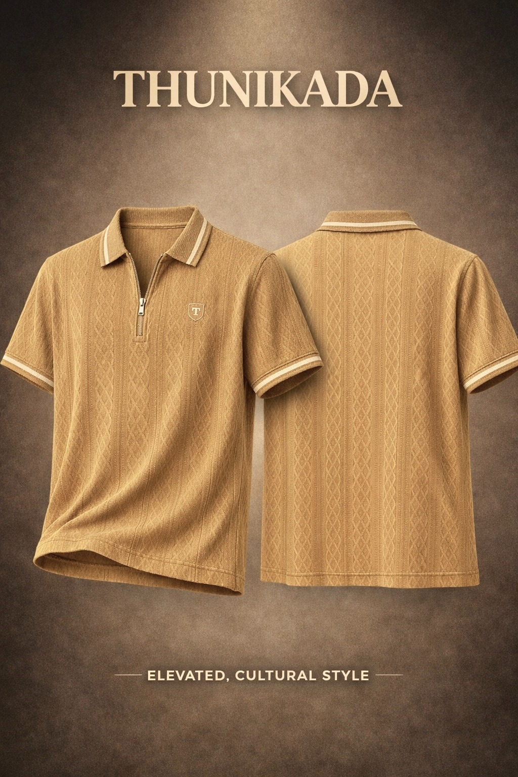 Beige Textured Zipper Polo T Shirt - Cream thumbnail 3