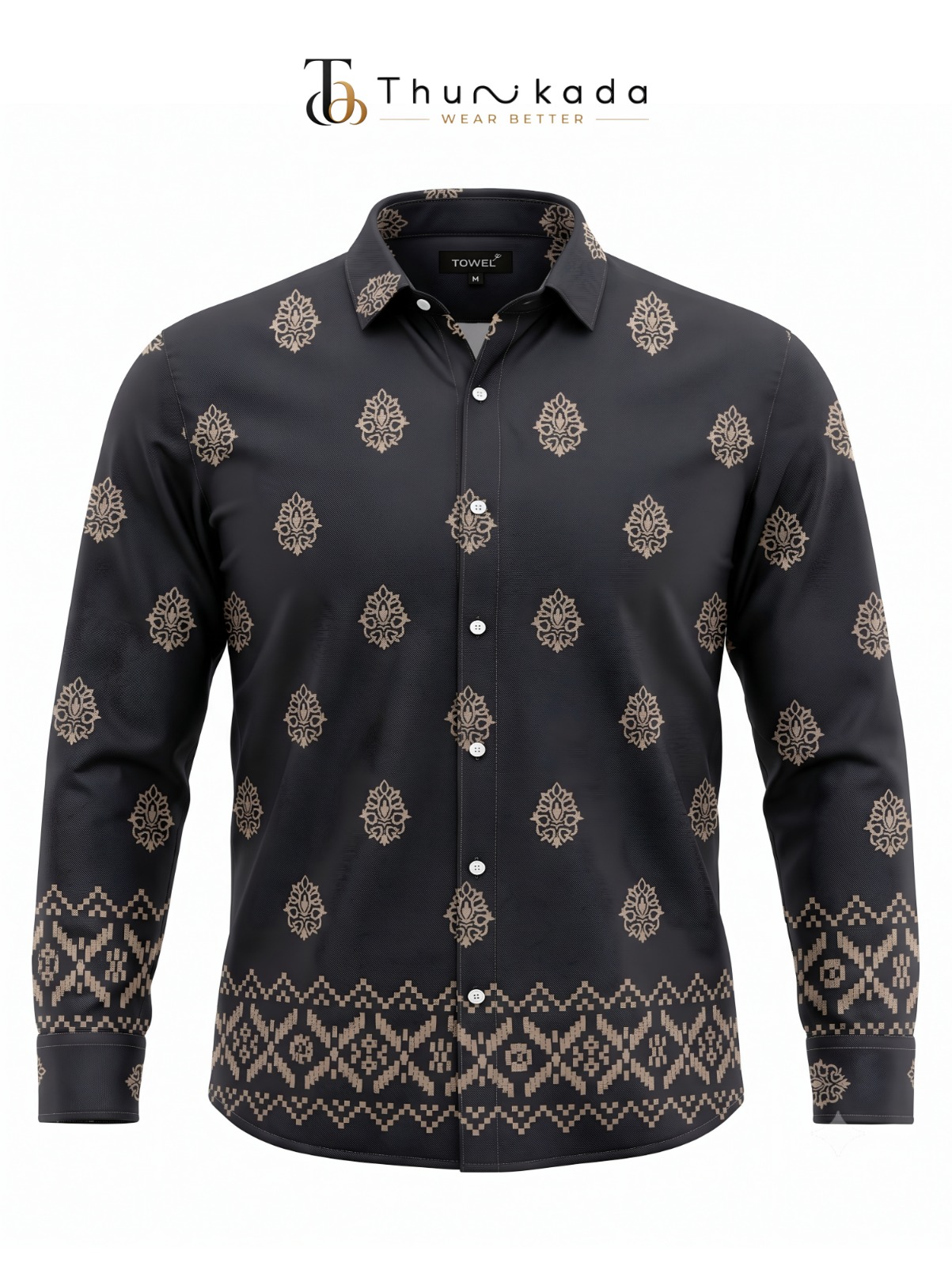 Charcoal Grey Gold Motif Printed Shirt thumbnail 1