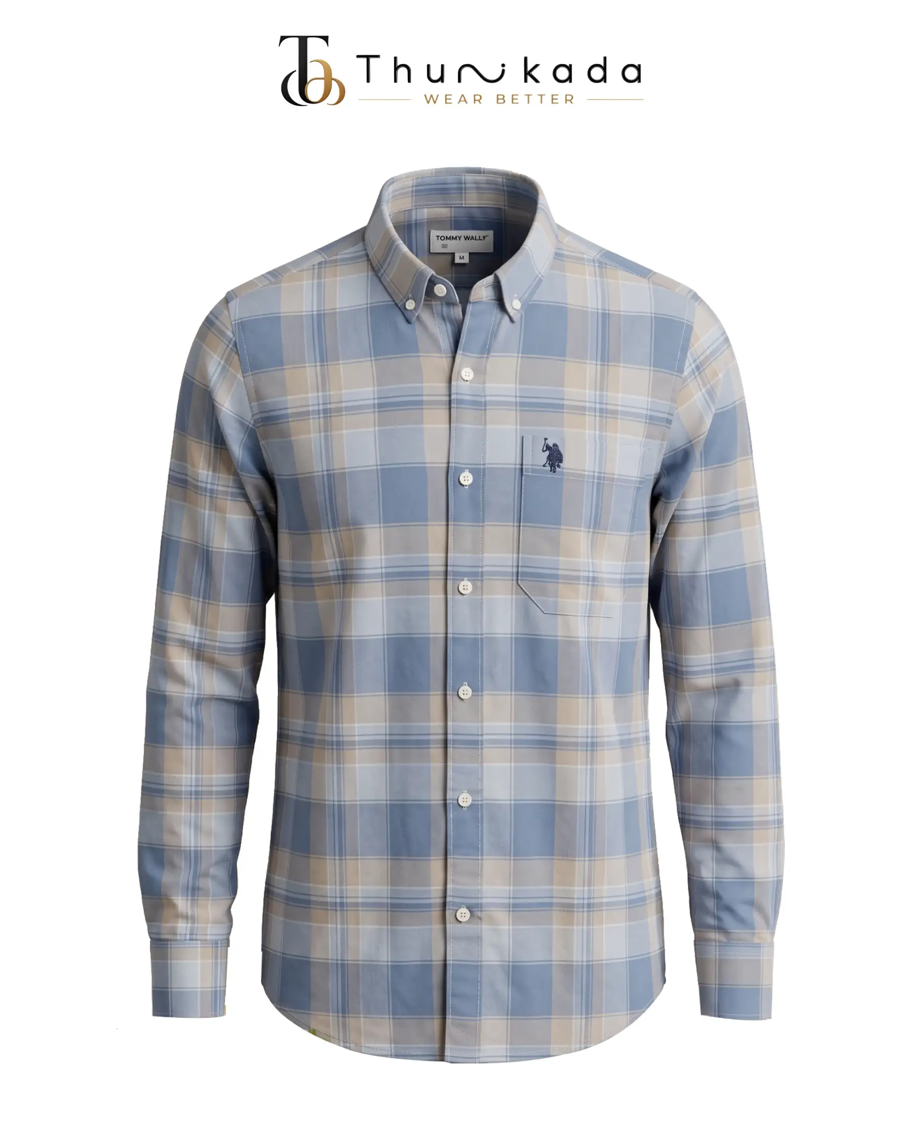 Sky Blue & Tan Casual Plaid Shirt thumbnail 1