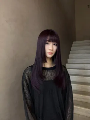 酒紅特殊色長直髮｜修顏瀏海質感染女生｜Nini｜TiAM 中壢中平店 2