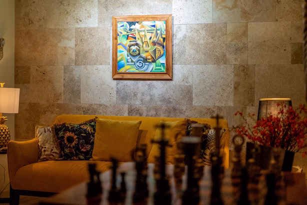 Chess table detail in lounge at Sibu Boutique Hotel