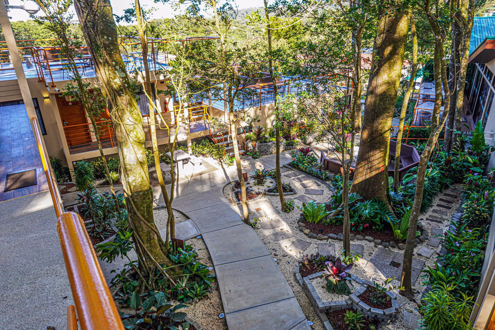 View from terrace overlooking hotel pathways in Monteverde