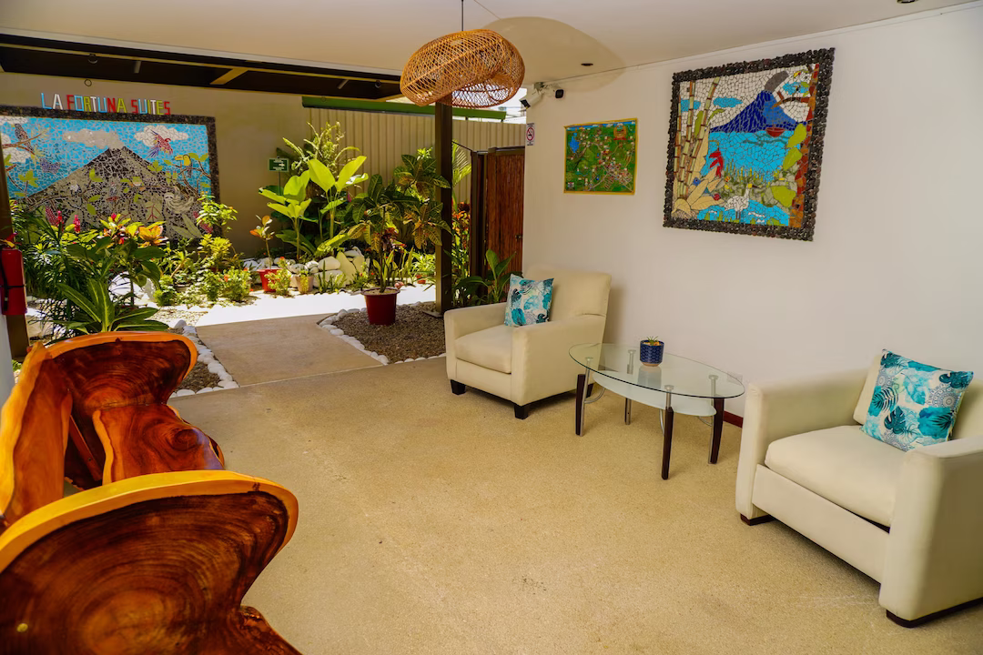 Ground floor lounge area inside the building at La Fortuna Lodge, La Fortuna, Costa Rica