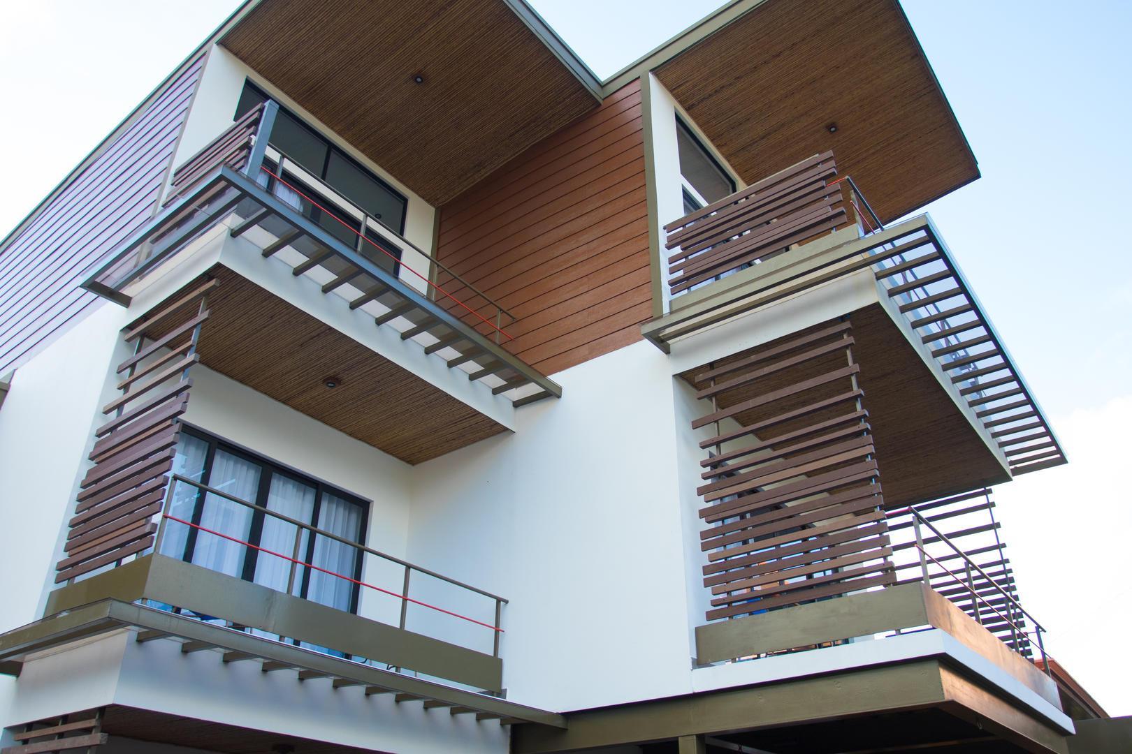 Contemporary balcony details of the hotel building at La Fortuna Lodge, La Fortuna, Costa Rica
