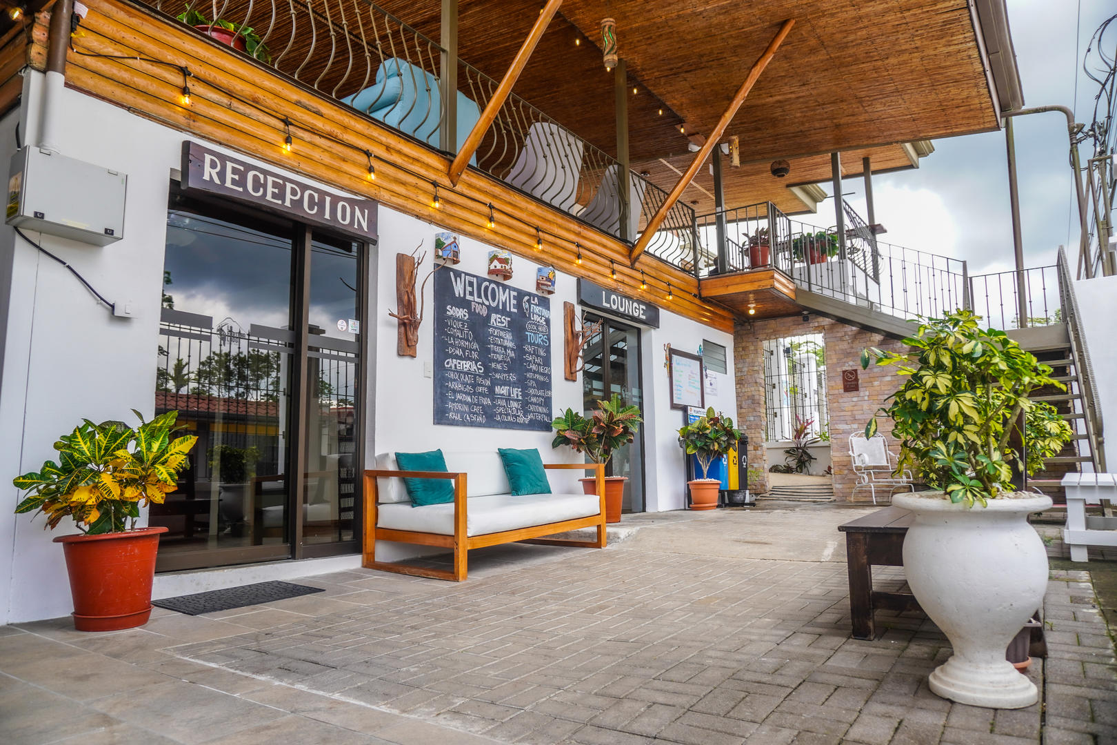 Front entrance and reception area of the hotel at La Fortuna Lodge, La Fortuna, Costa Rica