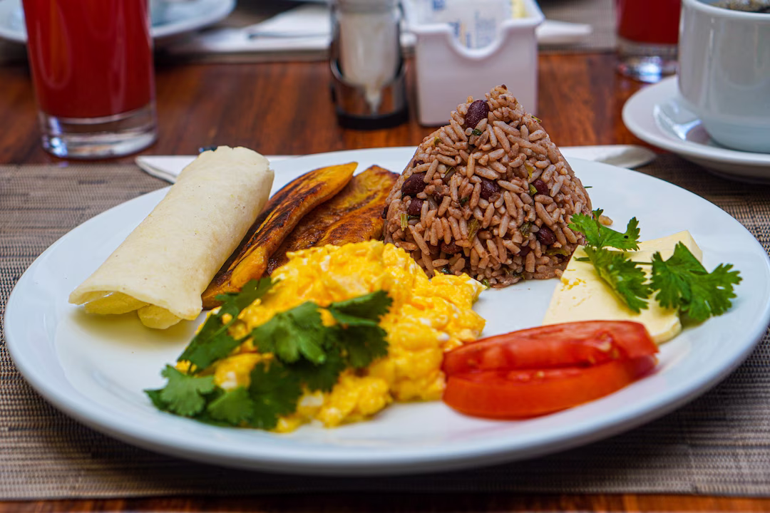 Traditional Costa Rican breakfast with gallo pinto at La Fortuna Lodge, La Fortuna, Costa Rica
