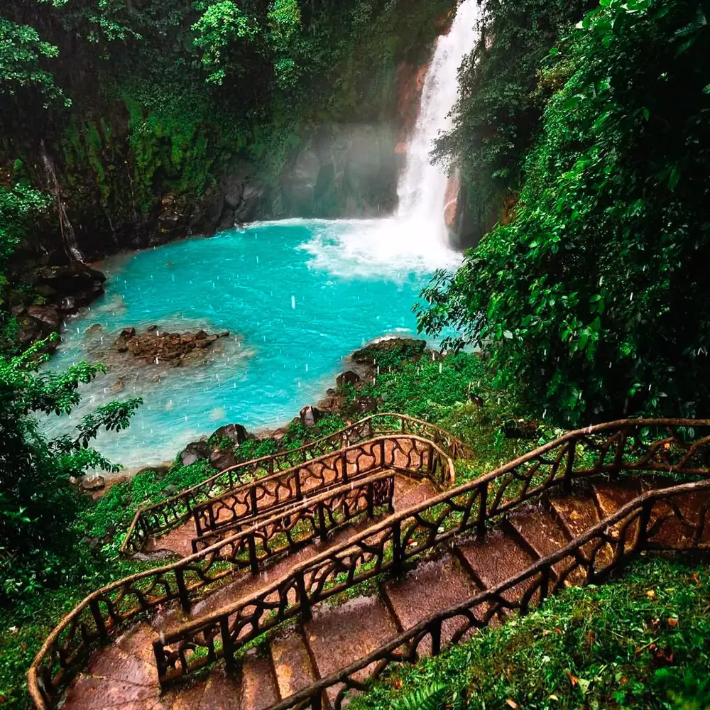 Stair descent through rainforest leading to Río Celeste waterfall