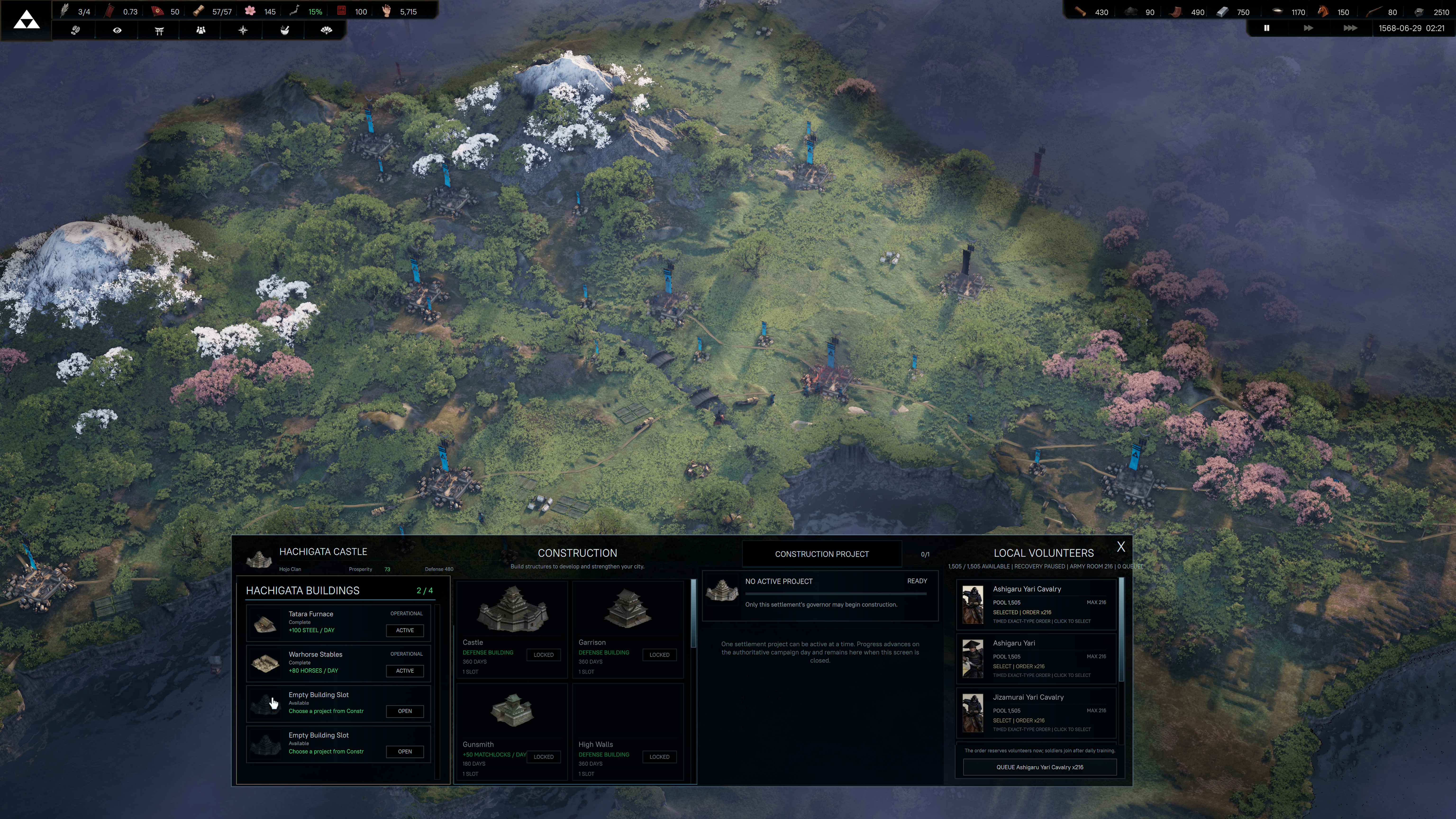 Tides of War: Shogun Hachigata Castle construction and recruitment interface