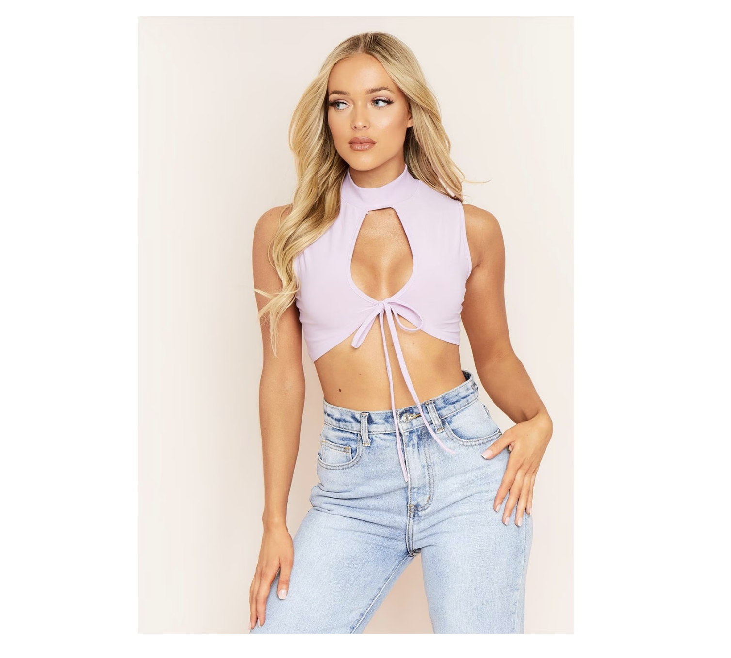 Hole Lace Up High Neck Crop Top